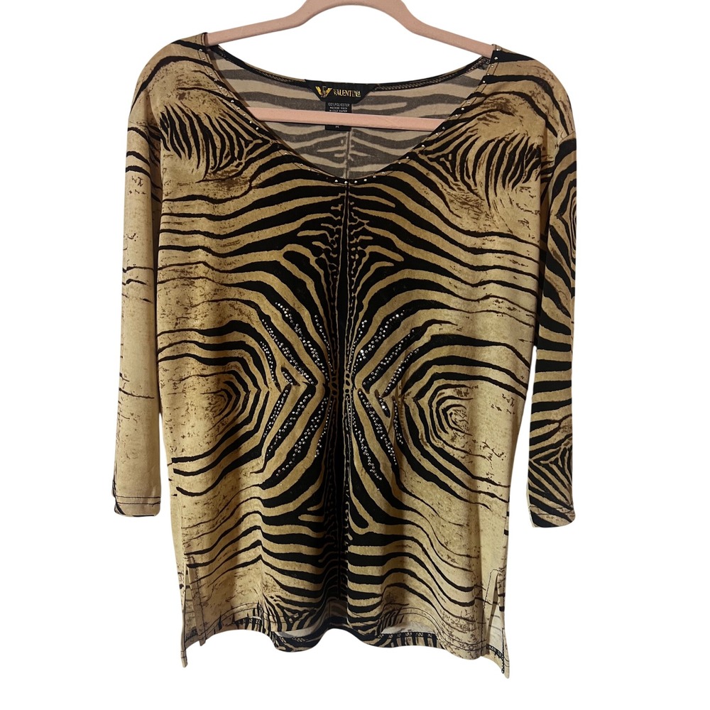 Valentina Zebra Print Top Size M Y2K Rhinestone V-Neck Tan Black 3/4 Sleeve
